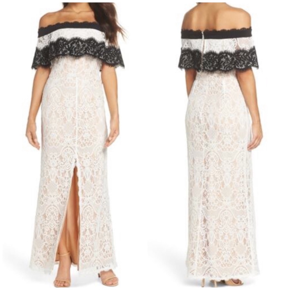 Harlyn Off Shoulder Short Sleeve Lace Maxi Formal Dress Gown Cream & Black Small